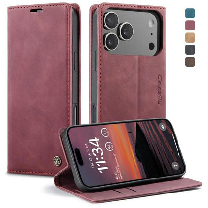 CaseMe Leather Flip Phone Case With Card Storage in burgundy showing flip cover, card slots and foldable stand