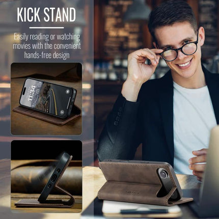 CaseMe Leather Phone Case For Daily Use And Travel, Slim Protective Cover That Fits Your Phone On The Go - brown leather kickstand wallet case with cards, hands-free viewing