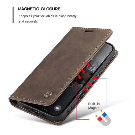 CaseMe Leather Phone Case For Daily Use And Travel, Slim Protective Cover That Fits Your Phone On The Go - brown leather magnetic closure wallet case with card slots and kickstand