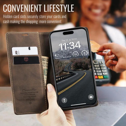 CaseMe Leather Phone Case For Daily Use And Travel, Slim Protective Cover That Fits Your Phone On The Go showing card slots and stand in use