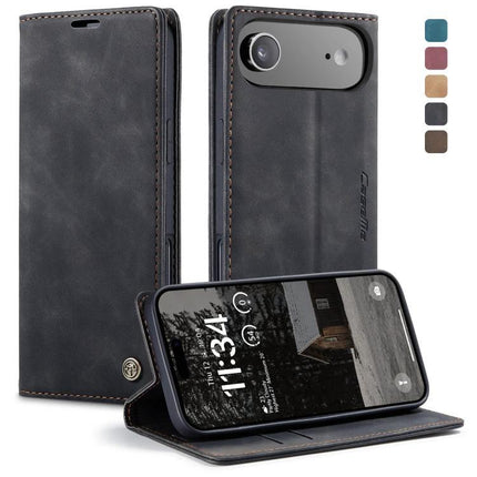 CaseMe Leather Phone Case For Daily Use And Travel, Slim Protective Cover That Fits Your Phone On The Go - black folio wallet, card slots, stand, TPU protection