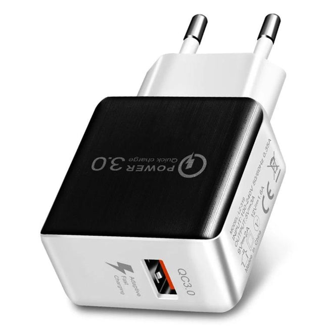 USB Charger for Everyday Device Powering at Home - Quick Charge 3.0 single-port wall adapter in black and white