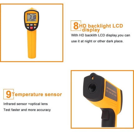 Infrared Thermometer for Everyday Surface Temperature Checks handheld yellow infrared gun showing LCD display and temperature sensor