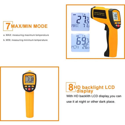 Infrared Thermometer for Everyday Surface Temperature Checks - yellow handheld IR thermometer showing HD backlight LCD and max/min modes
