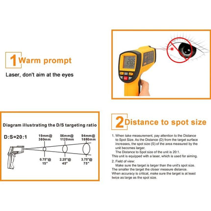 Infrared Thermometer for Everyday Surface Temperature Checks handheld laser guide showing distance to spot ratio and eye safety warning
