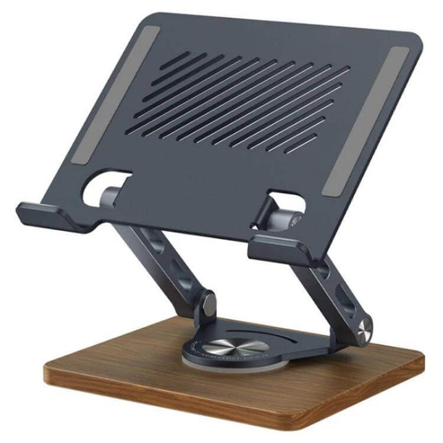 Foldable Rotating Stand for Laptops and Tablets with Cooling Feature - J27 wooden base, metal cooling vents, adjustable angle for video calls and typing