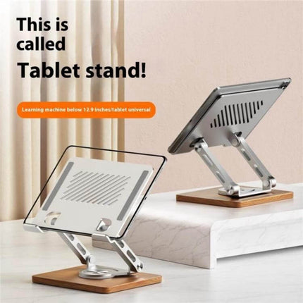 Foldable Rotating Stand for Laptops and Tablets with Cooling Feature - J27 wooden base metal cooling elements for stable airflow and adjustable viewing angles