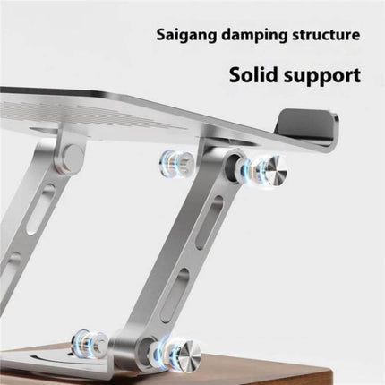 Foldable Rotating Stand for Laptops and Tablets with Cooling Feature showing metal foldable frame, rotating wooden base and cooling vents for solid support