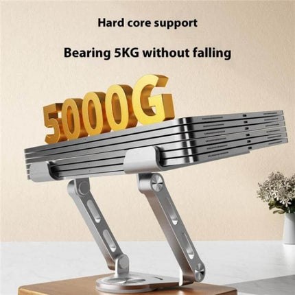 Foldable Rotating Stand for Laptops and Tablets with Cooling Feature showcasing 5KG bearing strength and metal cooling elements supporting stacked laptops