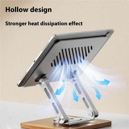 Foldable Rotating Stand for Laptops and Tablets with Cooling Feature showcasing hollow metal cooling vents and adjustable wooden rotating base for airflow