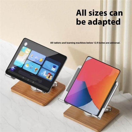 Foldable Rotating Stand for Laptops and Tablets with Cooling Feature displaying two tablets on a wooden rotating base with metal cooling elements