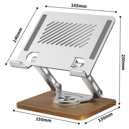 Foldable Rotating Stand for Laptops and Tablets with Cooling Feature - J27 wooden base, metal cooling vents, adjustable angles for ergonomic use