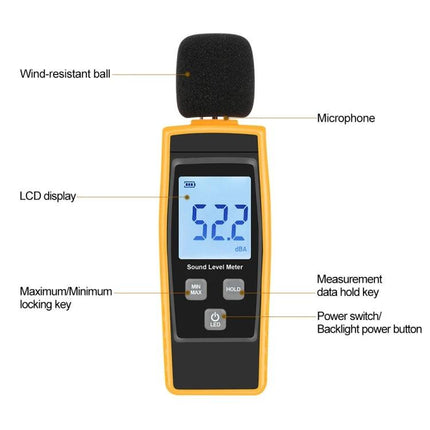Compact Sound Level Meter for Everyday Noise Monitoring - handheld device with wind-resistant ball, LCD showing 52.2 dBA, buttons for hold, max/min, backlight