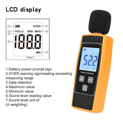 Compact Sound Level Meter for Everyday Noise Monitoring showing LCD display, 52.2 dBA reading, buttons and windscreen-covered microphone