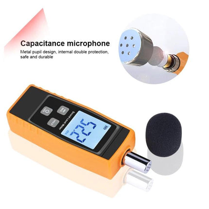 Compact Sound Level Meter for Everyday Noise Monitoring orange handheld device with capacitive microphone and foam windscreen, digital display shows 72.5 dB