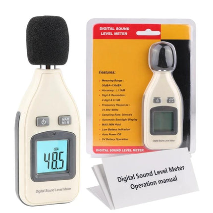 Digital Sound Level Meter for Accurate Noise Monitoring - compact handheld device showing 48.5 dB with foam windscreen and packaging