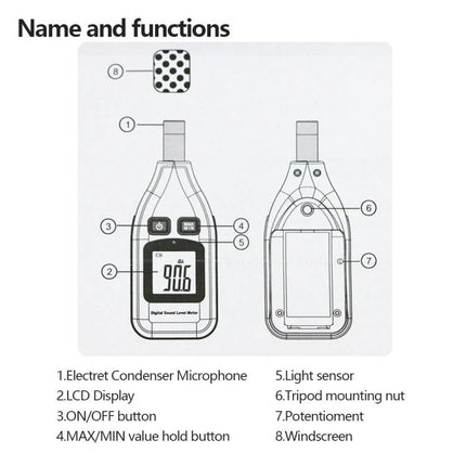 Digital Sound Level Meter for Accurate Noise Monitoring showing labeled parts diagram with display, microphone, buttons, tripod mount and windscreen