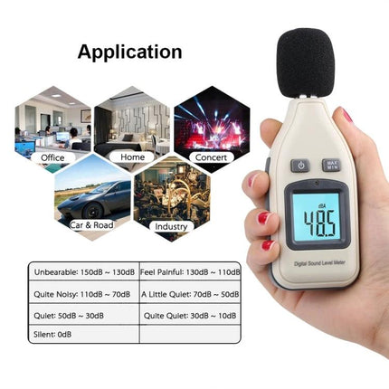 Digital Sound Level Meter for Accurate Noise Monitoring handheld device showing 48.5 dB reading used in office, home, concert and industry settings