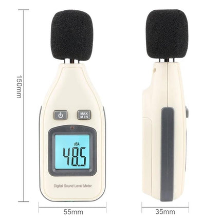 Digital Sound Level Meter for Accurate Noise Monitoring - compact handheld meter showing 48.5 dB on LCD, 30–130 dB range, portable design