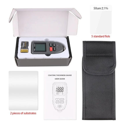 Portable Digital Thickness Gauge for Measuring Coatings on Metal - handheld meter kit with carrying pouch, batteries, substrates and user guide