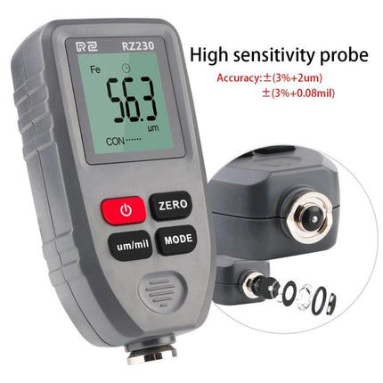 Portable Digital Thickness Gauge for Measuring Coatings on Metal - handheld meter with LCD display and high-sensitivity probe measuring paint thickness on metal