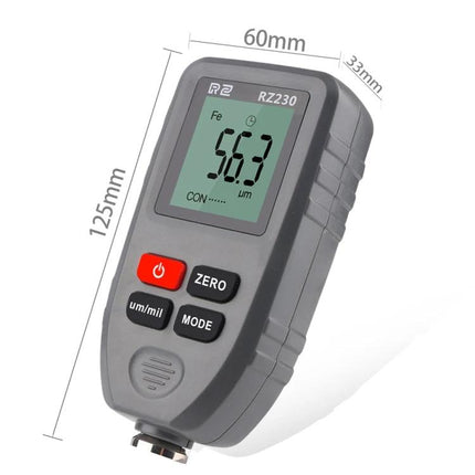 Portable Digital Thickness Gauge for Measuring Coatings on Metal handheld RZ230 meter showing 56.3 µm reading for paint on steel