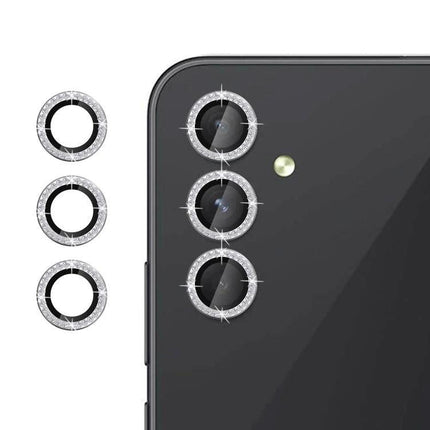 Kalebol Camera Lens Protector For Samsung Galaxy Tempered Glass sparkling ring lenses on black phone showing three protected camera lenses