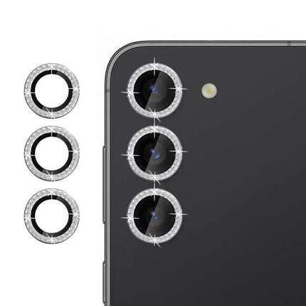 Kalebol Camera Lens Protector for Samsung Galaxy Smartphones on black phone showing three sparkling tempered glass lens rings with full-edge coverage