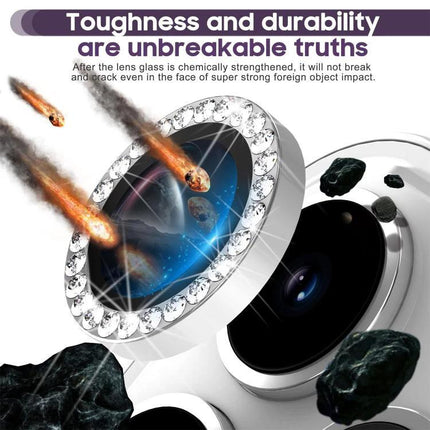 Kalebol Camera Lens Protector for Samsung Galaxy Smartphones showing 9H tempered glass resisting scratches and impacts with crystals around the ring