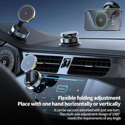 Magnetic Car Phone Stand With Wireless Charging Rotating mounted on car dashboard showing 360-degree rotation and wireless charging in use
