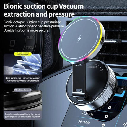 Magnetic Car Phone Stand With Wireless Charging Rotating mounted on car vent showing rotating magnetic wireless charger with colorful LED ring