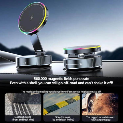 Magnetic Car Phone Stand With Wireless Charging Rotating compact magnetic car mount with 360° rotation and built-in wireless charging for car or desk