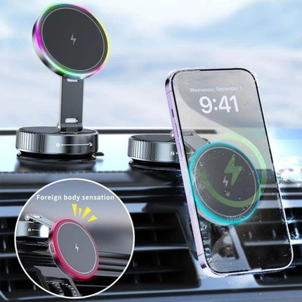 Magnetic Car Phone Stand With Wireless Charging Rotating on dashboard showing phone charging and 360-degree rotating magnetic mount