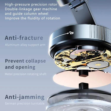 Magnetic Car Phone Stand With Wireless Charging Rotating showing internal rotating mechanism, anti-fracture aluminum arm and anti-jamming precision parts