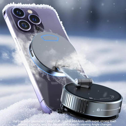 Magnetic Car Phone Stand With Wireless Charging Rotating showing a phone attached to a rotating magnetic wireless charger for car and desk use