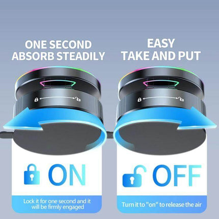 Magnetic Car Phone Stand With Wireless Charging Rotating showing lock-on and release-off mechanism for fast magnetic attachment and easy removal