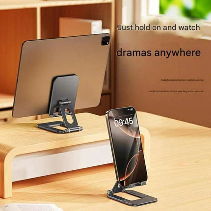 Foldable Adjustable Aluminum Holder for Phones and Tablets on desk holding tablet and phone for hands-free video viewing