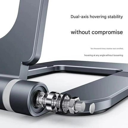 Foldable Adjustable Aluminum Holder for Phones and Tablets showing dual-axis hinge and exploded view of aluminum support mechanism for stable, adjustable angles