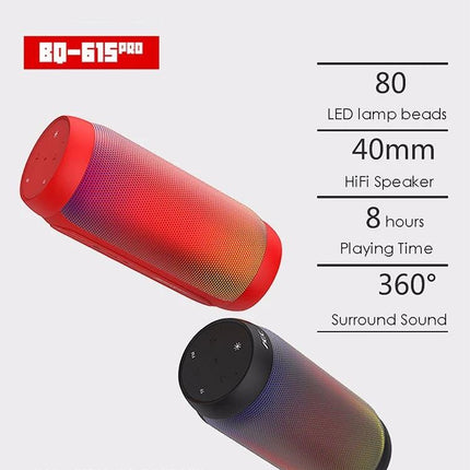 Portable Bluetooth Speaker With LED Ambient Light For Home red and black BQ615 PRO showing 360° sound and LED color gradient