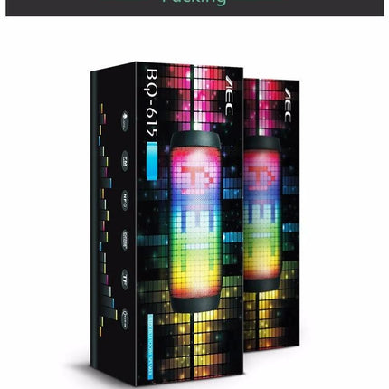 Portable Bluetooth Speaker With LED Ambient Light For Home in colorful packaging showing speaker with multicolor LED grid lights