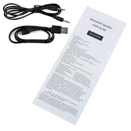 Portable Bluetooth Speaker With LED Ambient Light For Home accessories: USB charging cable, AUX cable and user guide laid out