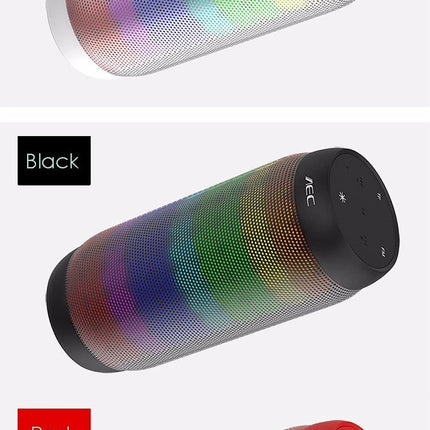 Portable Bluetooth Speaker With LED Ambient Light For Home showing white black and red cylindrical speakers with rainbow LEDs