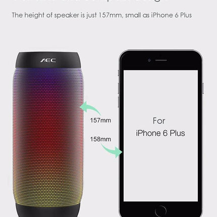 Portable Bluetooth Speaker With LED Ambient Light For Home shown next to iPhone 6 Plus to illustrate compact 157mm size