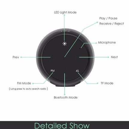 Portable Bluetooth Speaker With LED Ambient Light For Home showing top control layout with LED, play/pause, mic, modes, and buttons