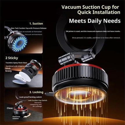 X66 Car Phone Holder With 720 Degree Rotation Magnetic Mount showing vacuum suction cup, sticky epoxy base and leak-proof locking mechanism