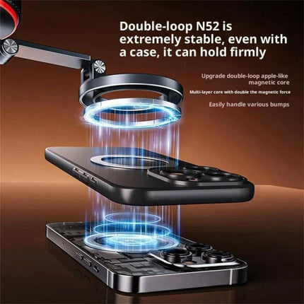 X66 Car Phone Holder With 720 Degree Rotation Magnetic Mount showing magnetic double-loop N52 alignment holding a phone securely in car