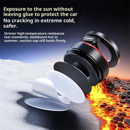 X66 Car Phone Holder With 720 Degree Rotation Magnetic Mount showing exploded view of aluminum alloy magnetic mount and heat/cold resistant suction layers