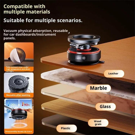 X66 Car Phone Holder With 720 Degree Rotation Magnetic Mount showing magnetic mount on leather, marble, glass, wood grain and plastic surfaces