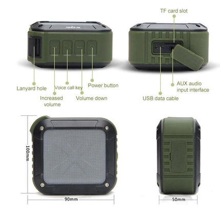 W-KING Portable Bluetooth Speaker For Outdoor Splash Resistant Use compact green rugged speaker with lanyard and ports
