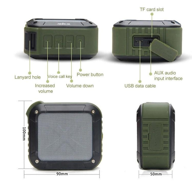 W-KING Portable Bluetooth Speaker For Outdoor Splash Resistant Use compact green rugged speaker with lanyard and ports